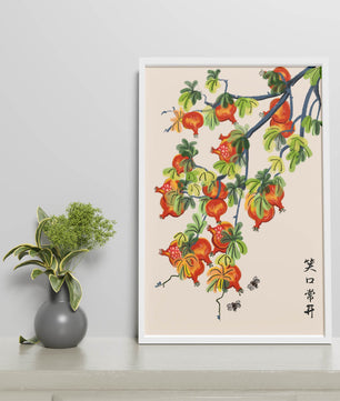 Artistic illustration of vibrant pomegranates on a branch with Asian aesthetic