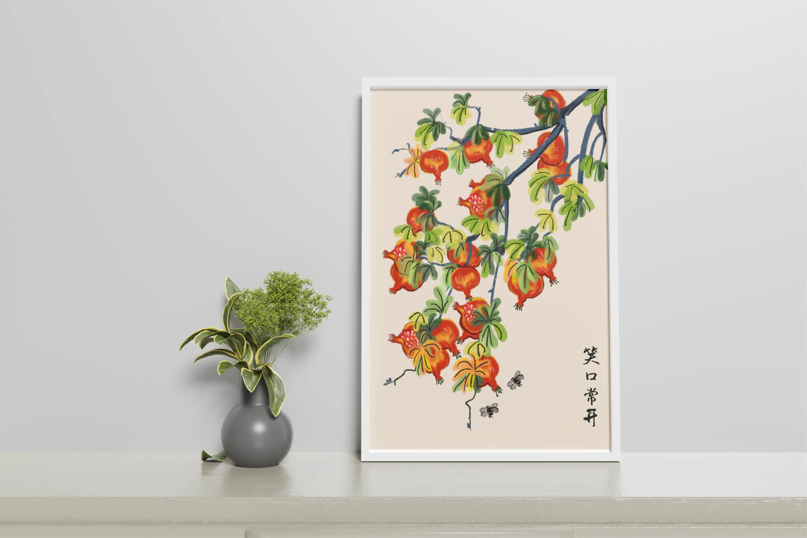 Artistic illustration of vibrant pomegranates on a branch with Asian aesthetic