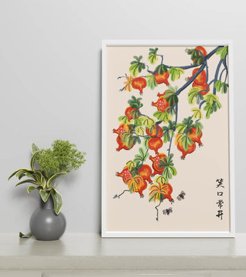 Artistic illustration of vibrant pomegranates on a branch with Asian aesthetic