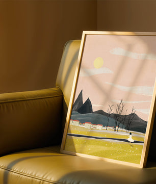 Serene landscape with mountains, village, and a girl under a pink sky