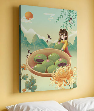 Charming Scene with Traditional Dress and Scenic Landscape Featuring Floral Elements and Birds