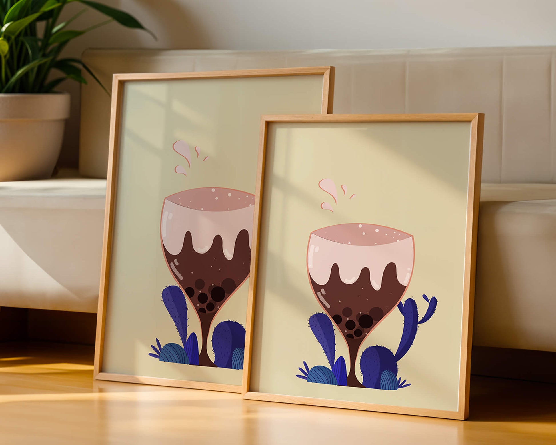 Illustration of a whimsical wine glass with liquid splash and purple plants