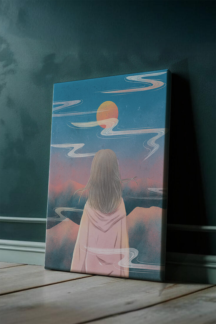 Ruhige Landschaft mit Silhouette, die den Sonnenuntergangshimmel und die Wolken betrachtet