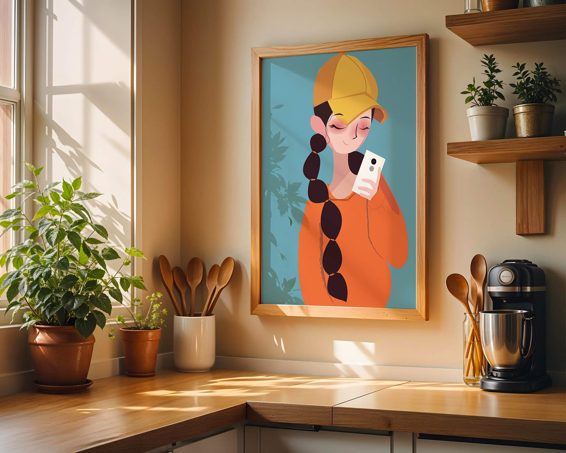 Colorful illustration of a girl with a smartphone