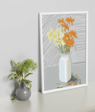 Vibrant daisies in a white vase illustration