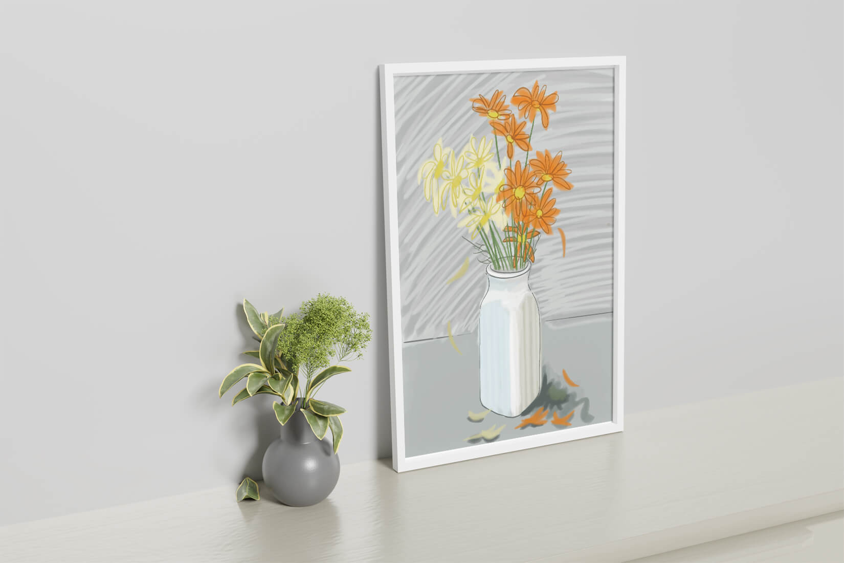 Vibrant daisies in a white vase illustration