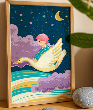 Child flying on a goose through a magical night sky illustration