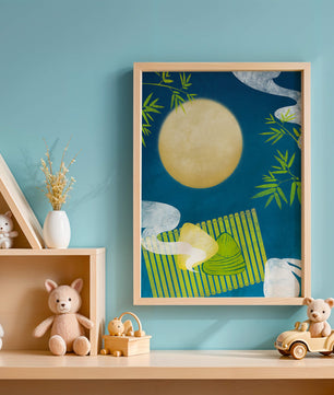 Moonlit night with bamboo and dumplings on a mat