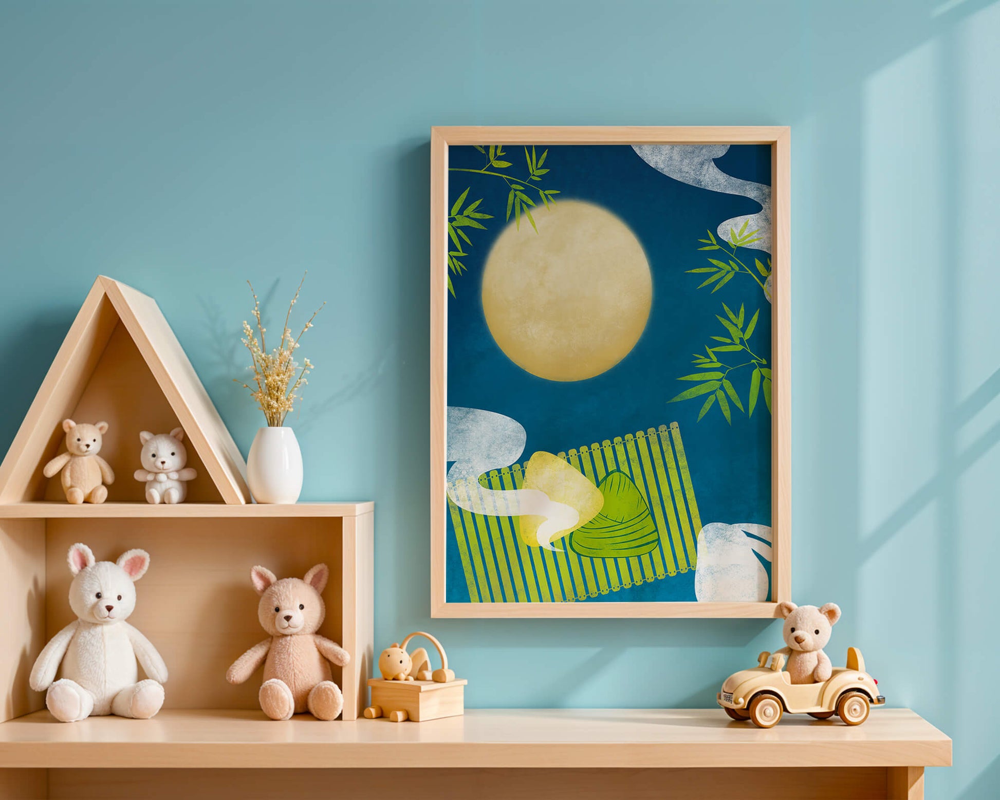 Moonlit night with bamboo and dumplings on a mat