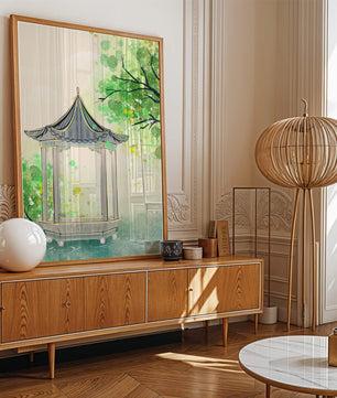 Serene garden pavilion amidst lush green trees and calm waters