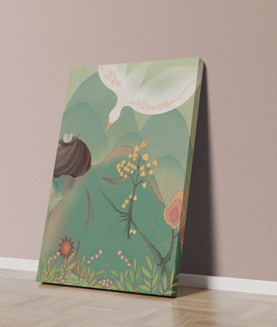 Dreamy nature-inspired illustration with bird and plant elements