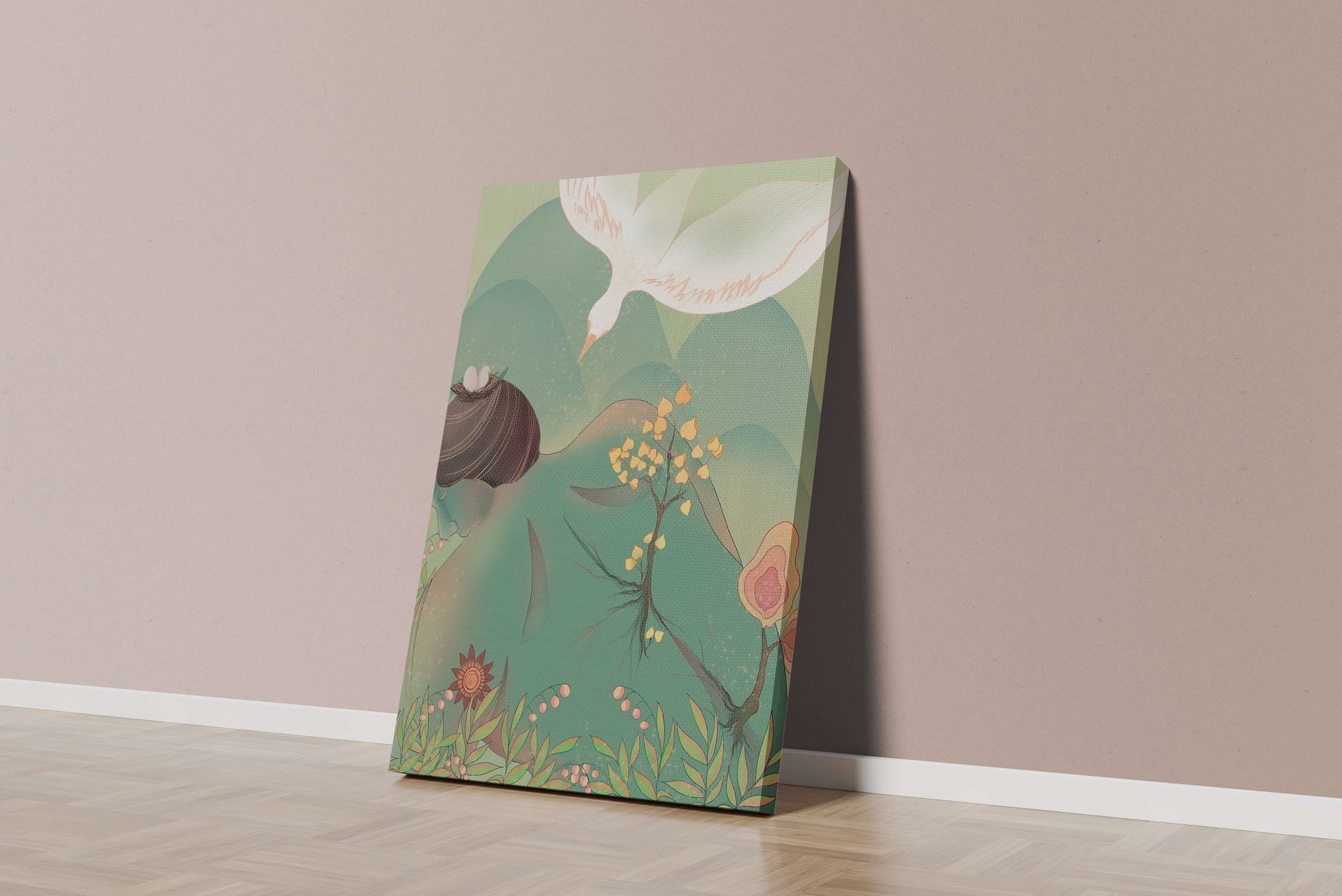 Dreamy nature-inspired illustration with bird and plant elements