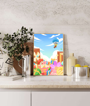 Colorful illustration with presents and children playing under a blue sky