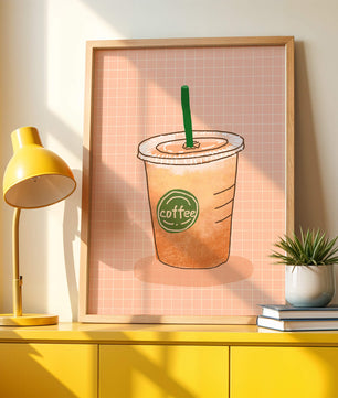 Taza de café helado ilustrada sobre fondo de cuadrícula de melocotón