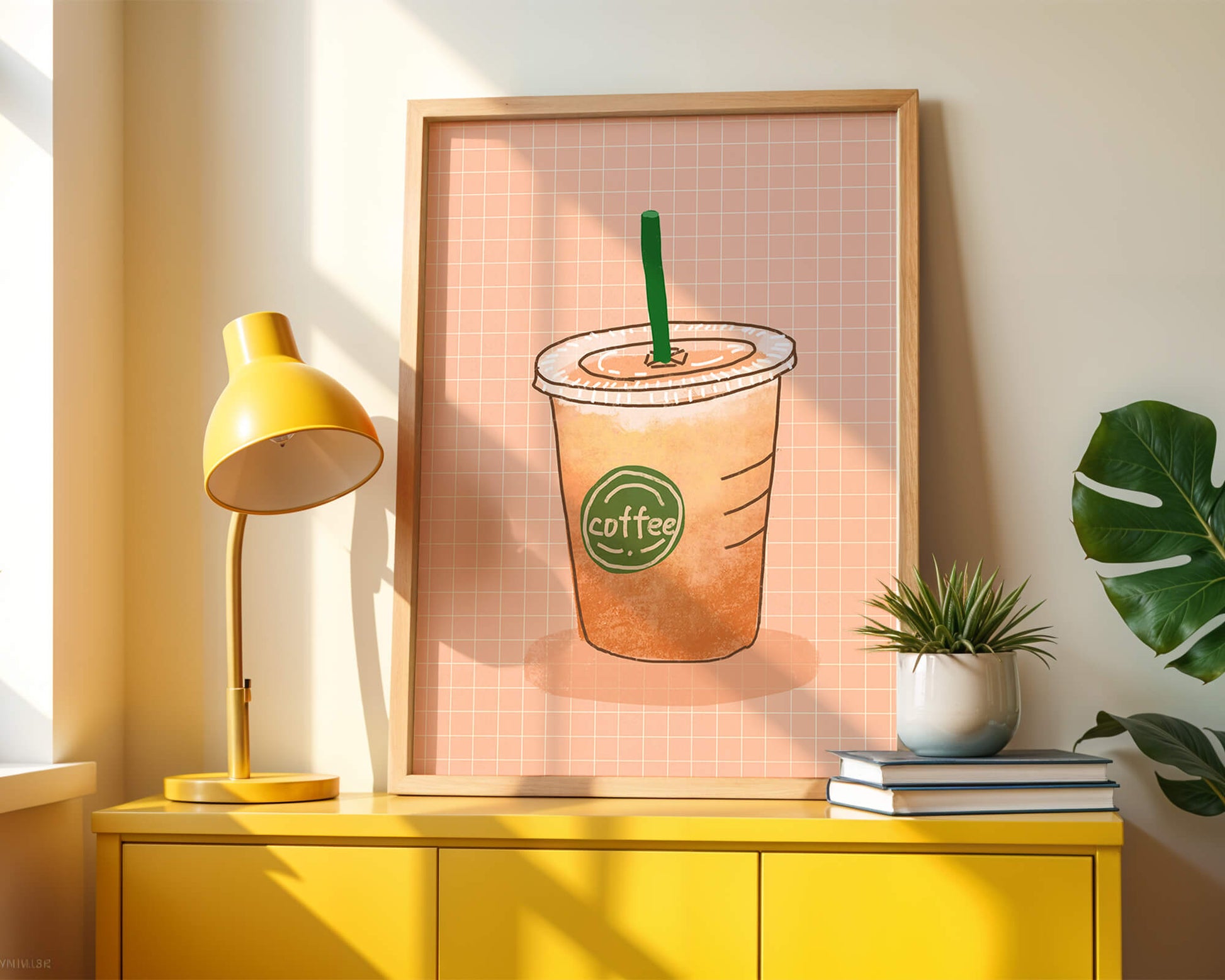 Illustrated iced coffee cup on peach grid background