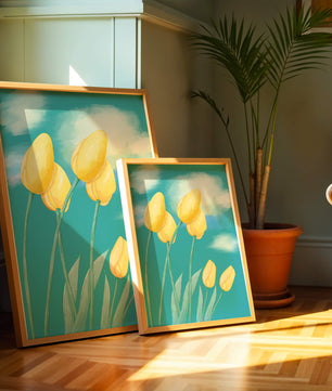 Stylized yellow tulips against a cloudy blue sky background