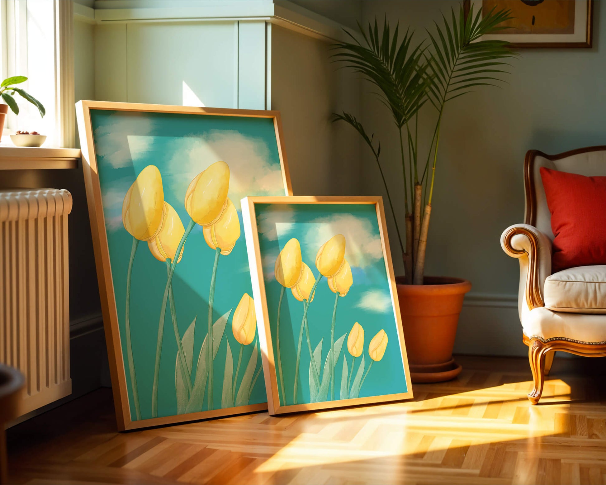 Stylized yellow tulips against a cloudy blue sky background
