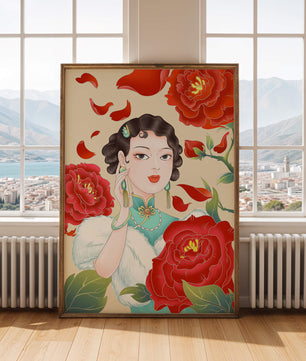 Mujer elegante rodeada de vibrantes flores y pétalos rojos