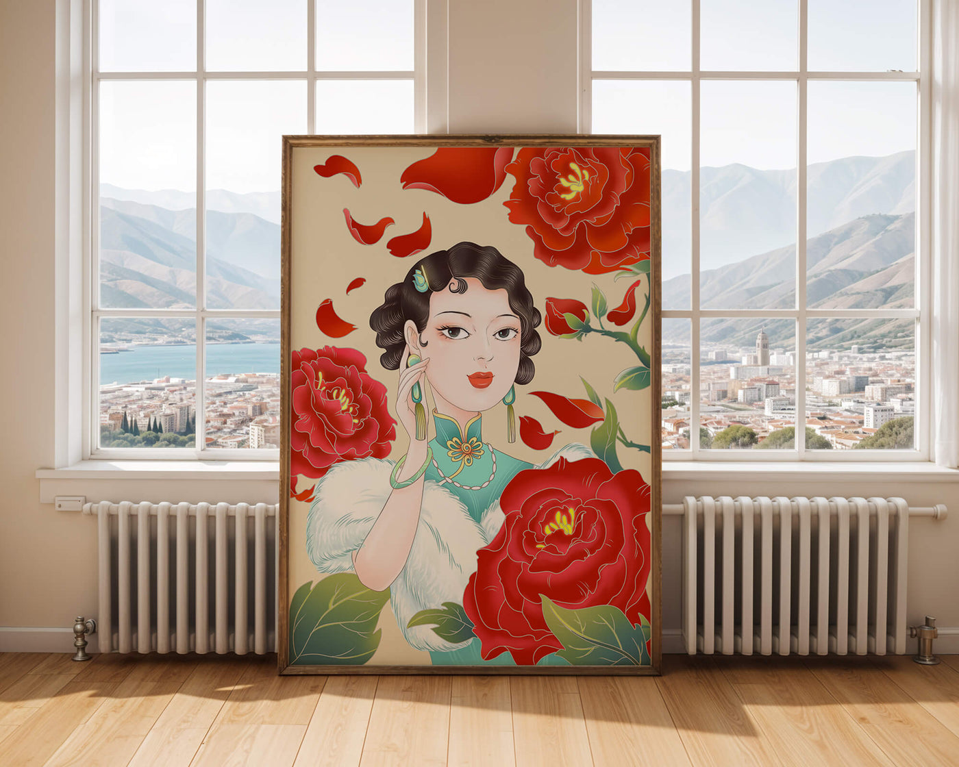 Elegant woman surrounded by vibrant red flowers and petals
