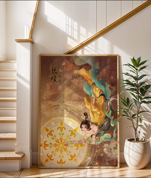 Figura celestial elegante con aura dorada y motivos florales