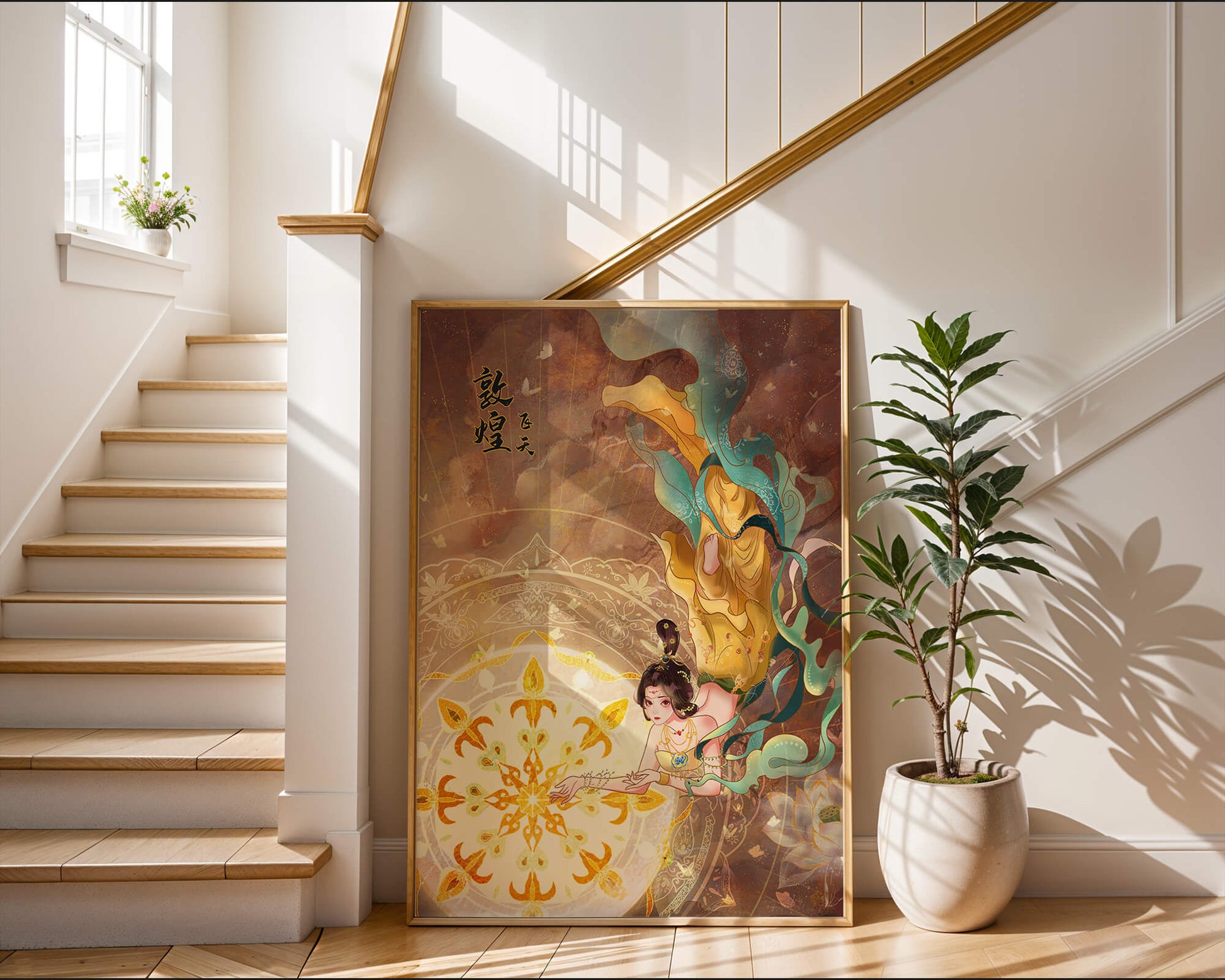 Figura celestial elegante con aura dorada y motivos florales