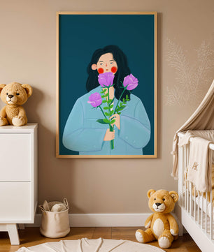 Illustration of a woman with purple flowers on a teal background