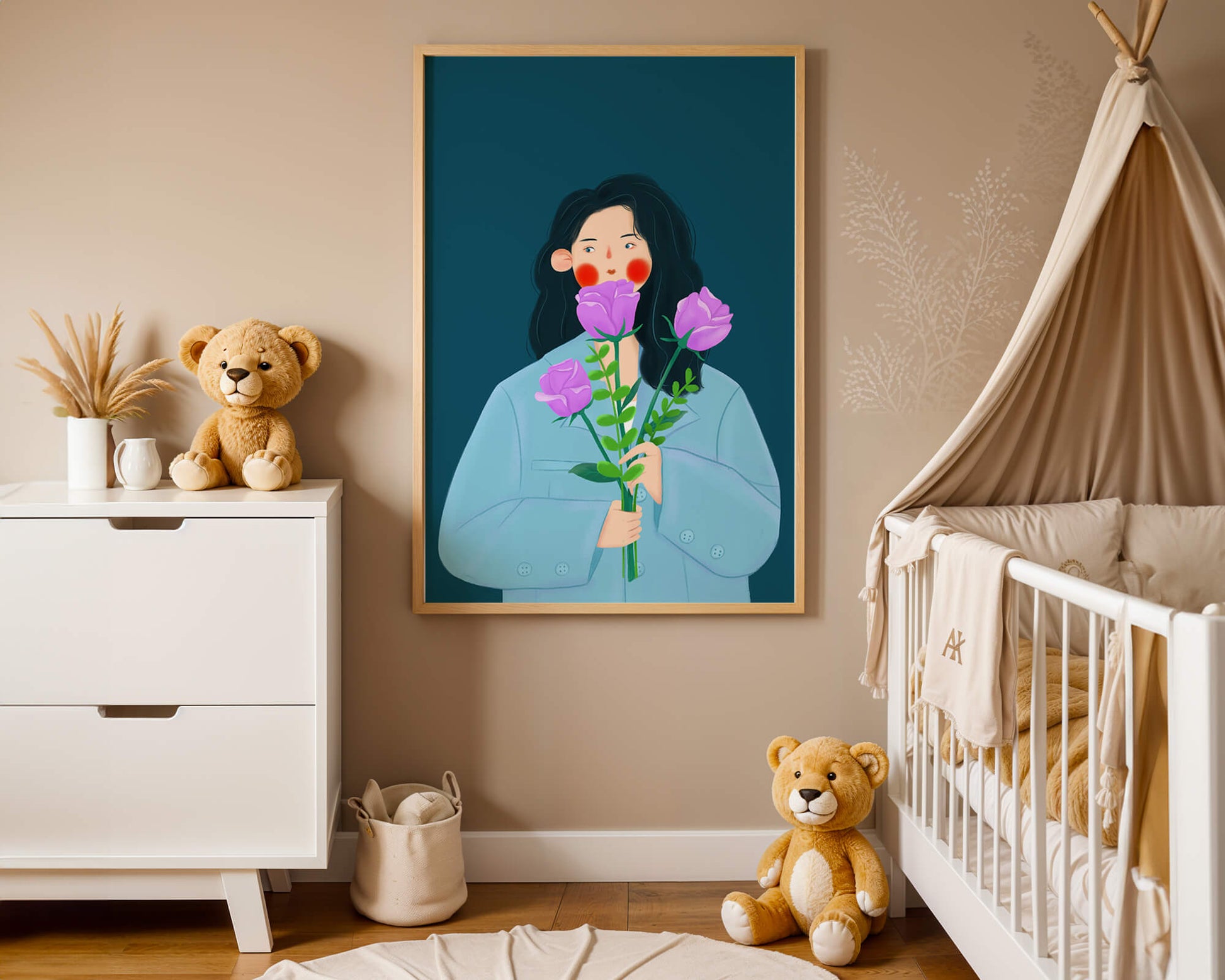 Illustration of a woman with purple flowers on a teal background