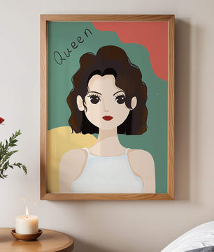 Stylized illustration of a confident woman with abstract background