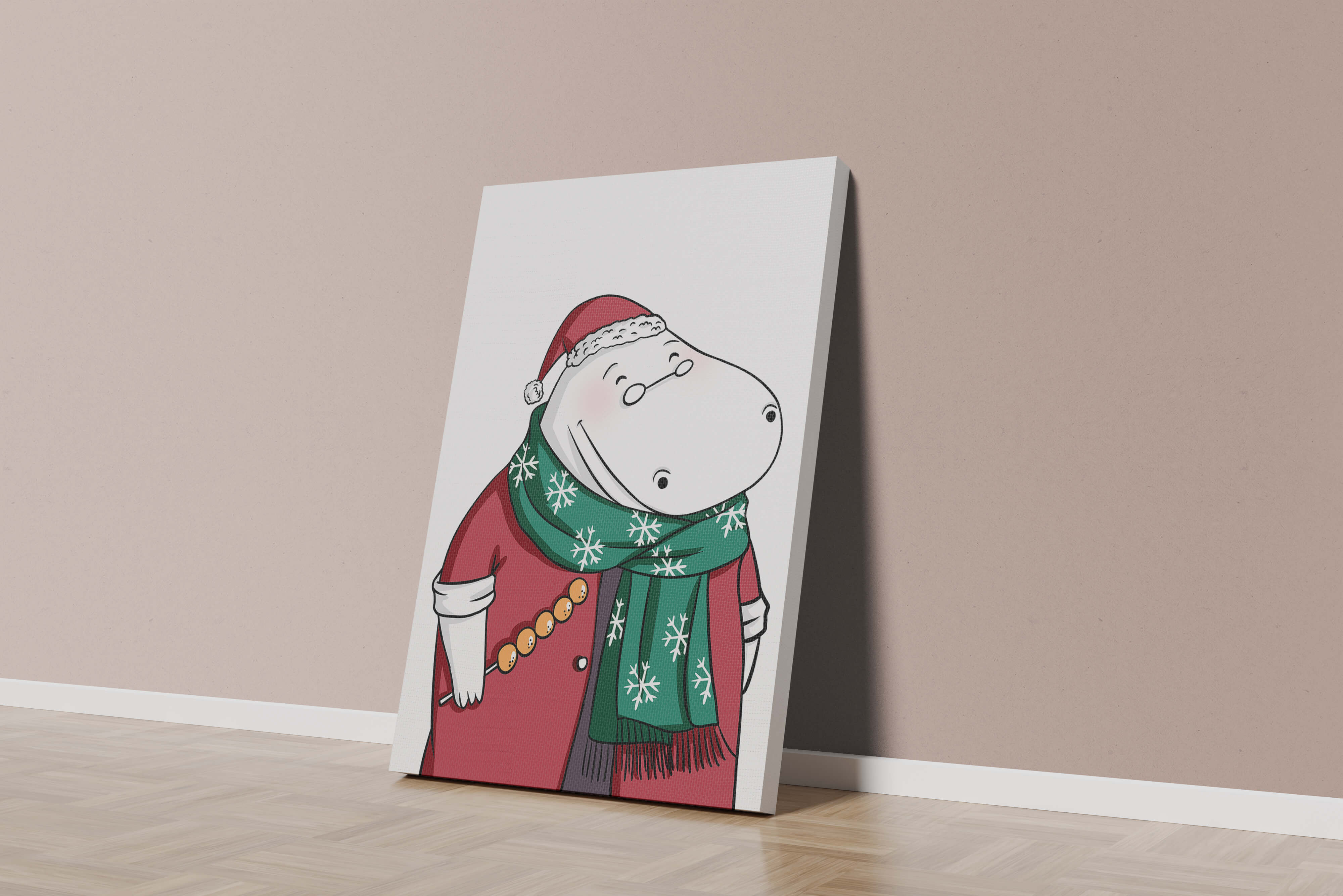 Festive hippo in a red outfit with a green snowflake scarf