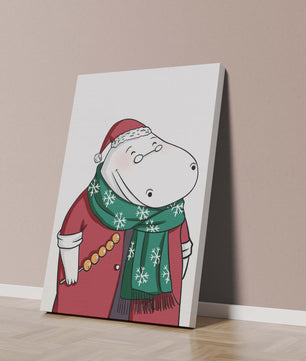 Festive hippo in a red outfit with a green snowflake scarf
