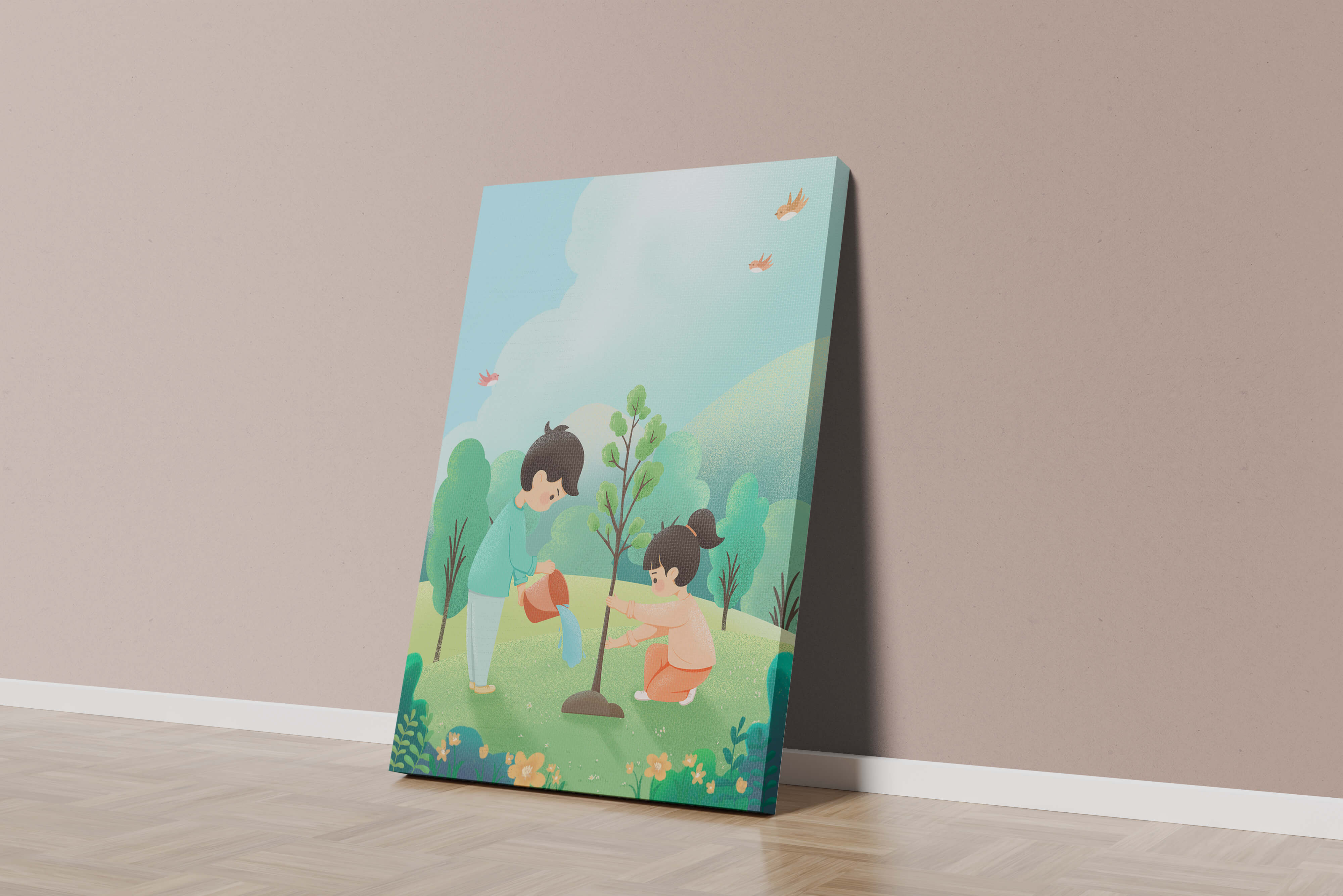 Children nurturing a young tree in a lush green landscape