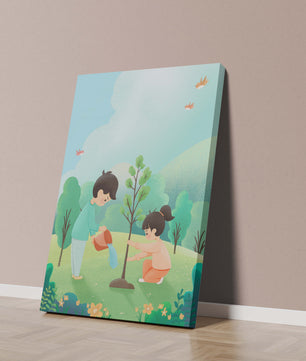 Kinder pflegen einen jungen Baum in einer üppig grünen Landschaft