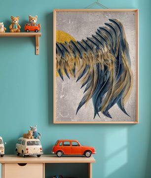 Abstract Composition with Blue and Gold Accents on Textured Background