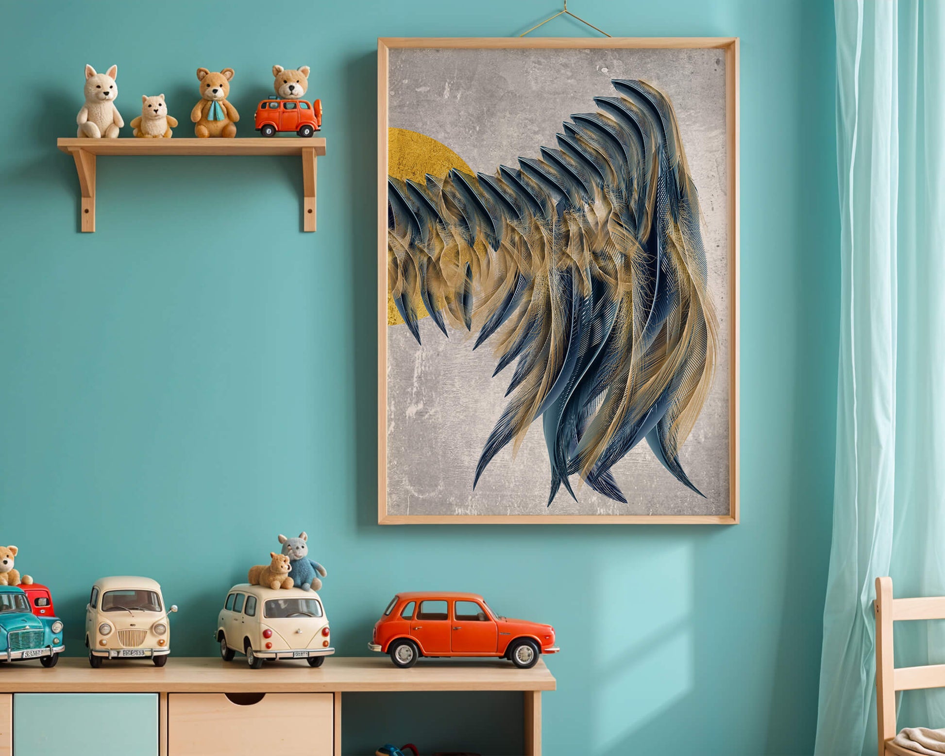 Composición abstracta con acentos azules y dorados sobre fondo texturizado