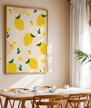 Playful lemon pattern with green leaves and abstract shapes