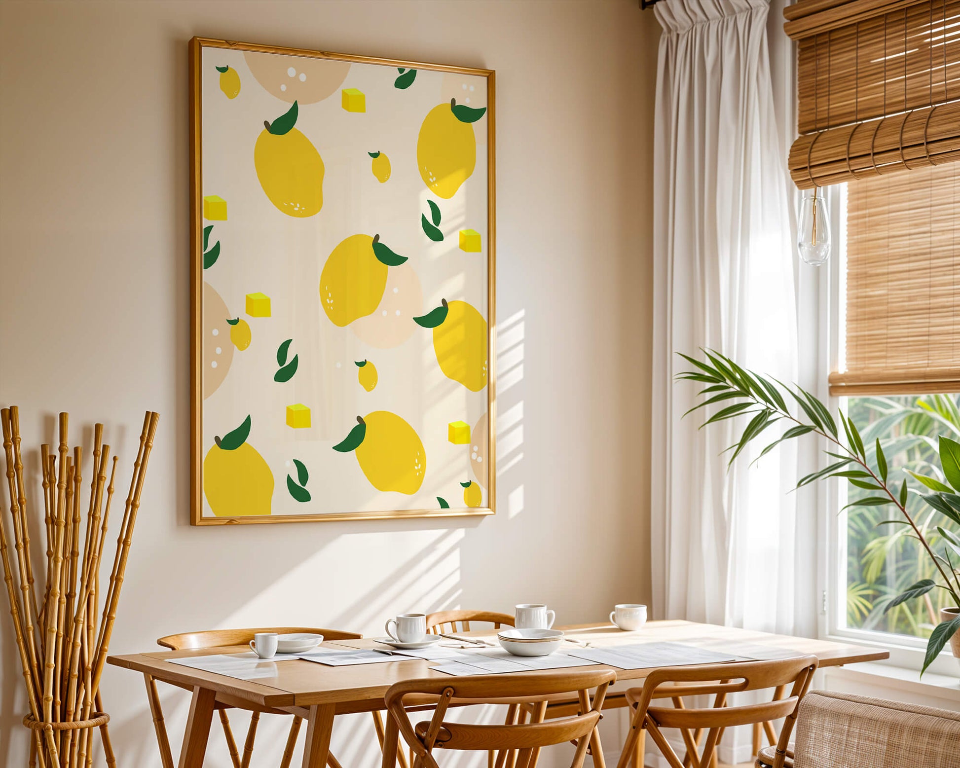 Playful lemon pattern with green leaves and abstract shapes