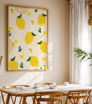 Playful lemon pattern with green leaves and abstract shapes