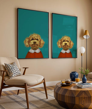 Portrait de caniche charmant en tenue de fête sur fond turquoise