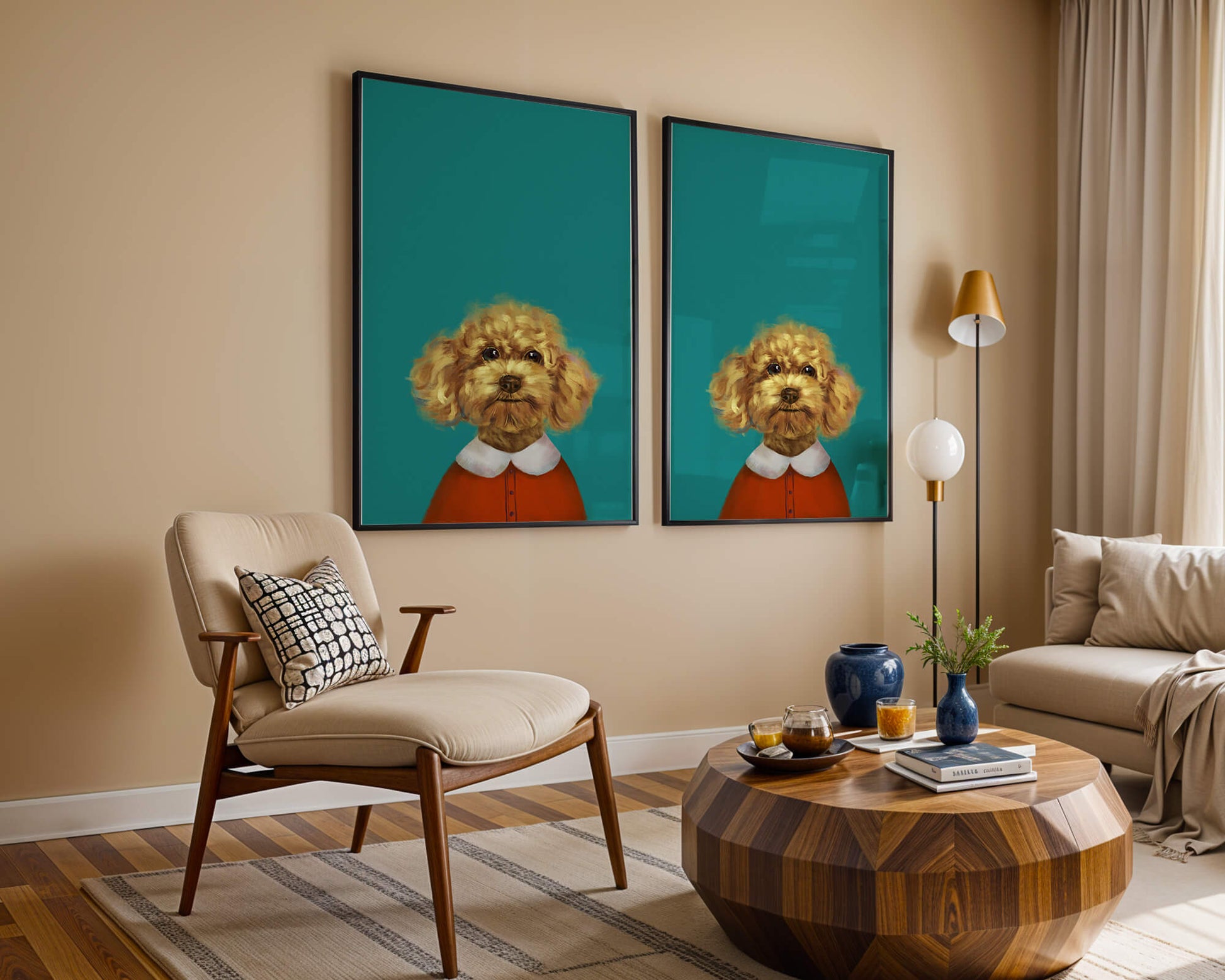 Portrait de caniche charmant en tenue de fête sur fond turquoise