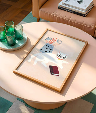 Illustration of playful cat with book and floral vase