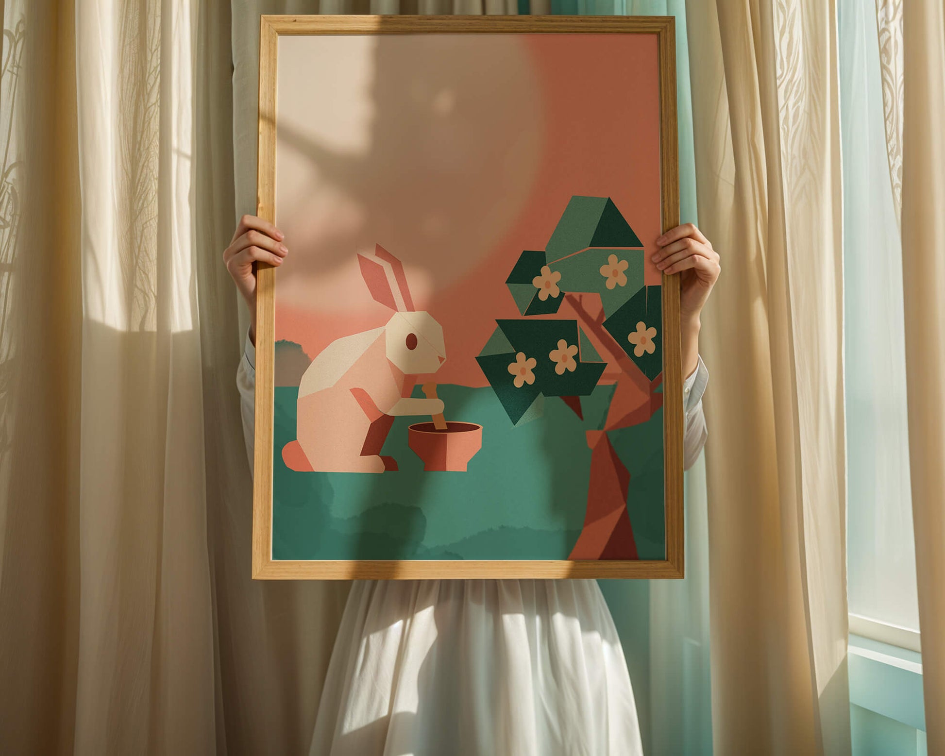 Abstract Origami Rabbit with Mortar and Pestle Under Blossom Tree