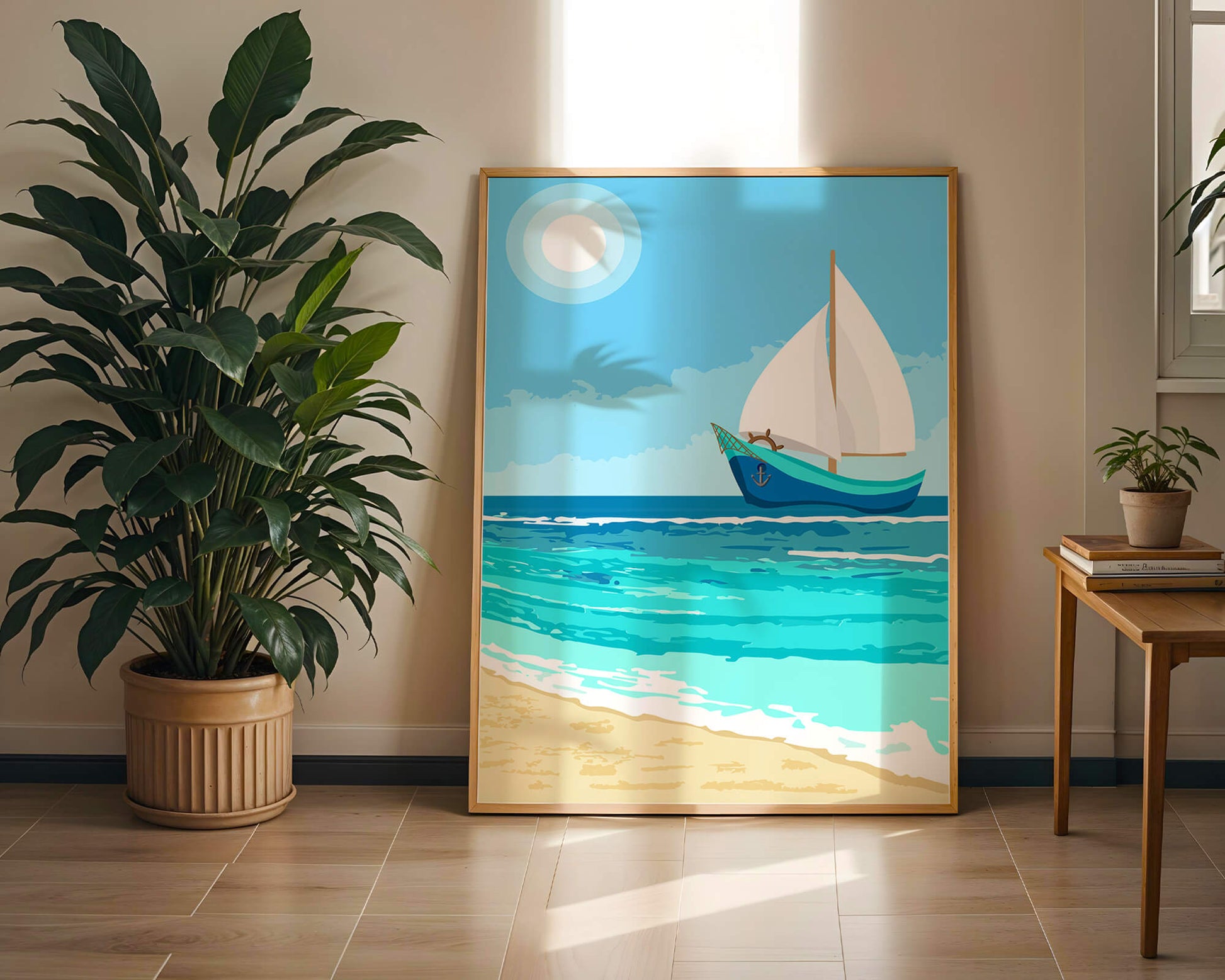 Serene ocean scenery with sailboat under the sun