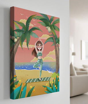 Escena de yoga tranquila en una playa tropical al atardecer