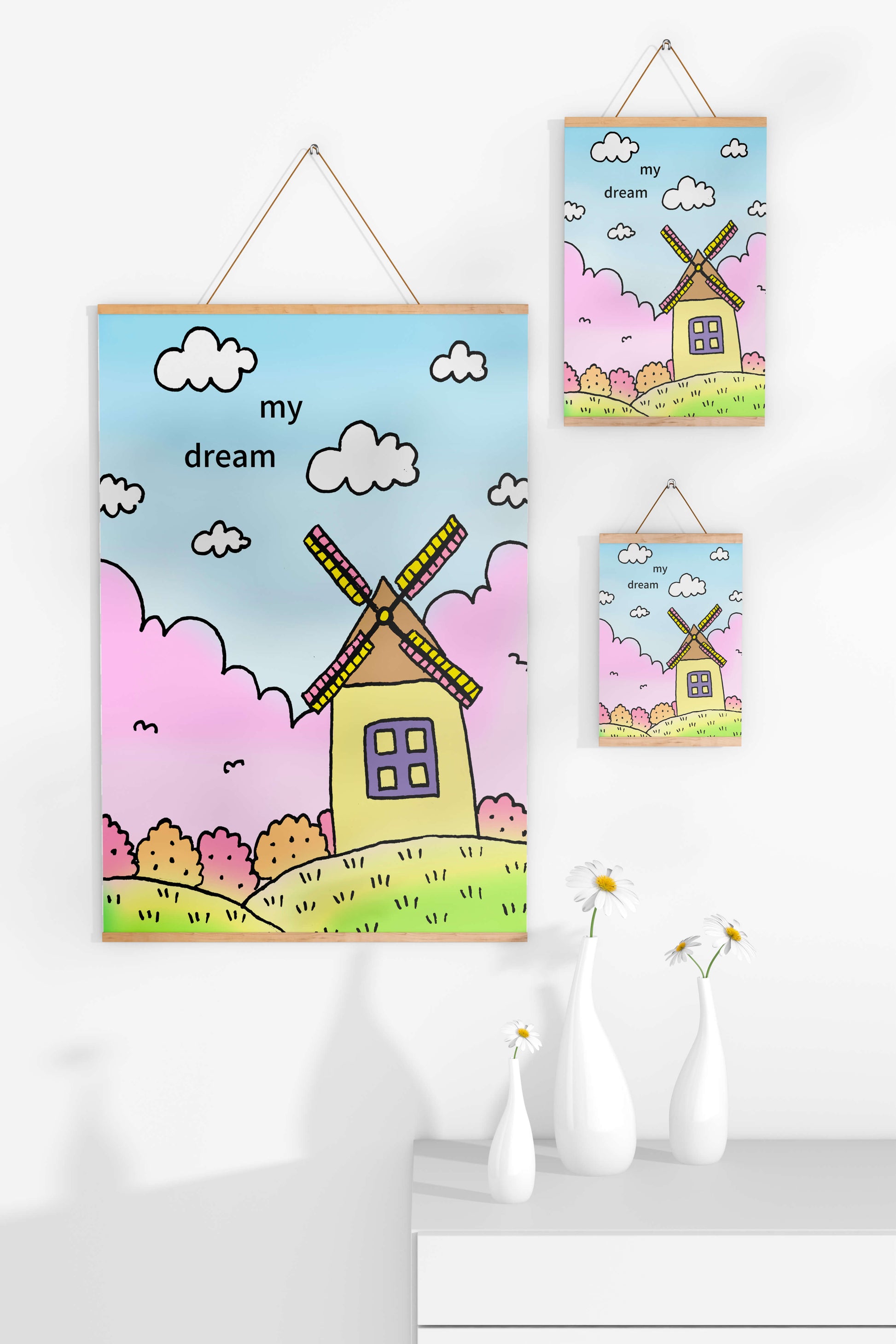 Windmill in a pastel landscape with fluffy clouds and bushes