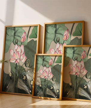 Illustrated lotus with playful cartoon bees in a serene garden