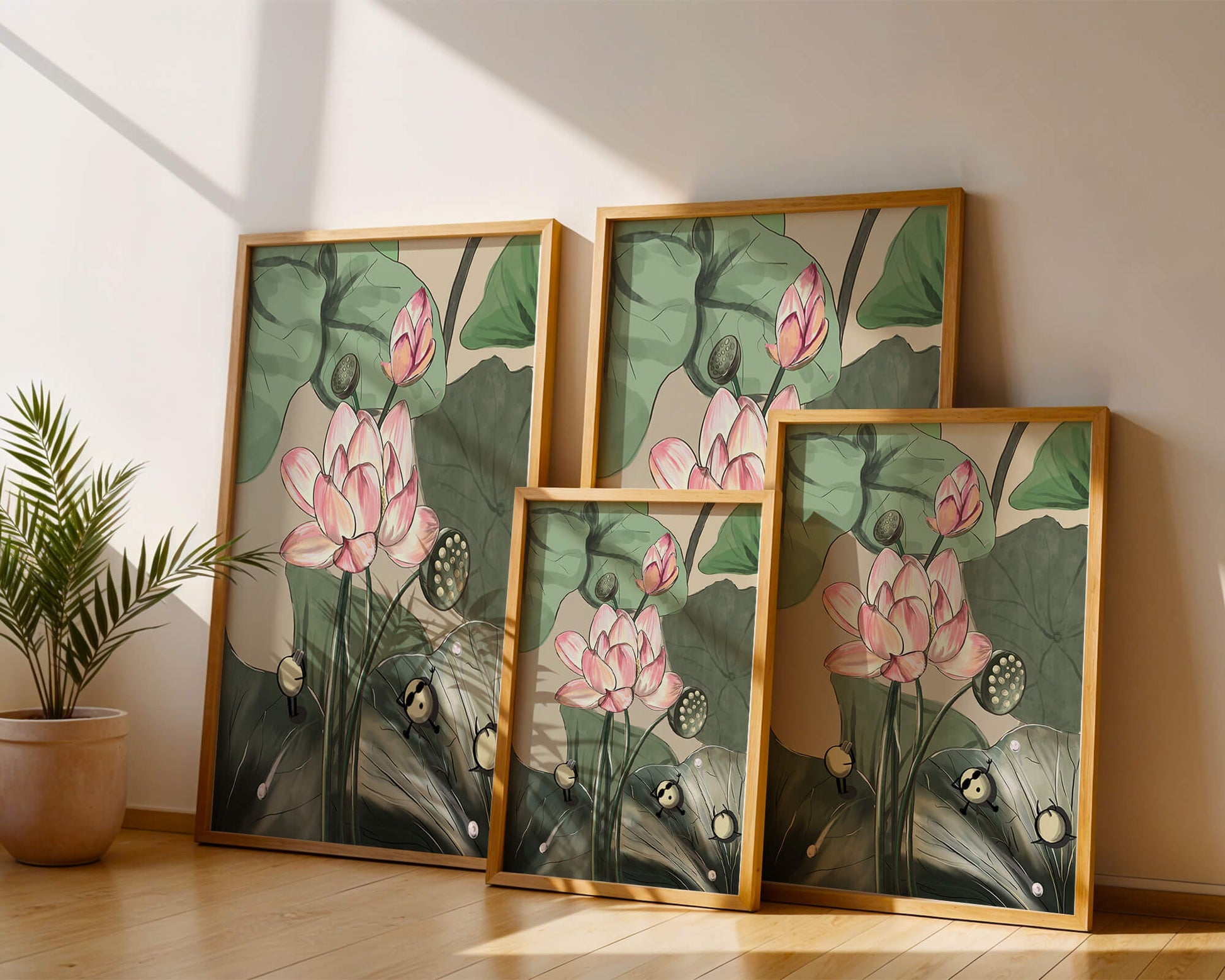 Illustrated lotus with playful cartoon bees in a serene garden