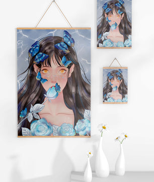 Illustration d'une fille avec des papillons et des roses dans un style aquarelle serein