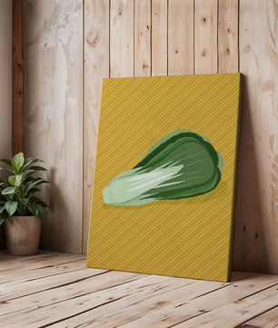 Illustrated bok choy on vibrant yellow background with stripes