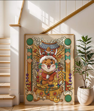 Bunte Illustration eines niedlichen Tieres in traditioneller Festtagskleidung mit goldenen Elementen