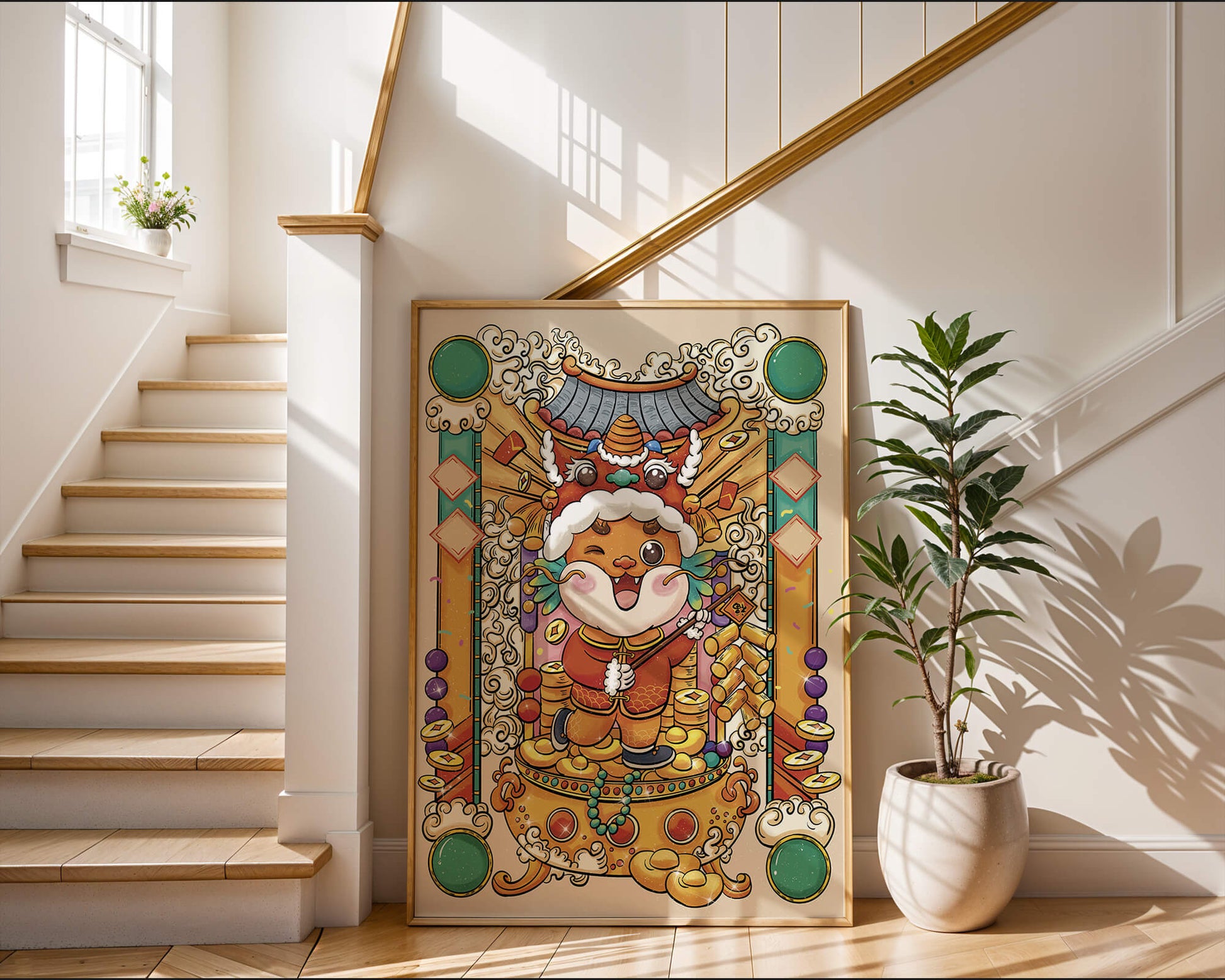 Ilustración colorida de un animal lindo en atuendo festivo tradicional con elementos dorados